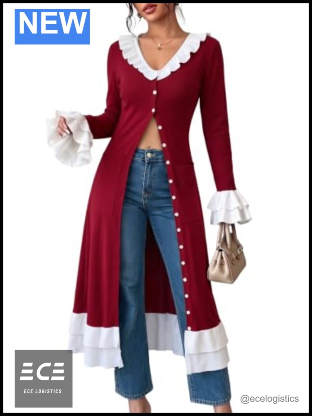 Women's Maxi Cardigan Bell Sleeve Ruffle Hem Button Up Duster Sweater
